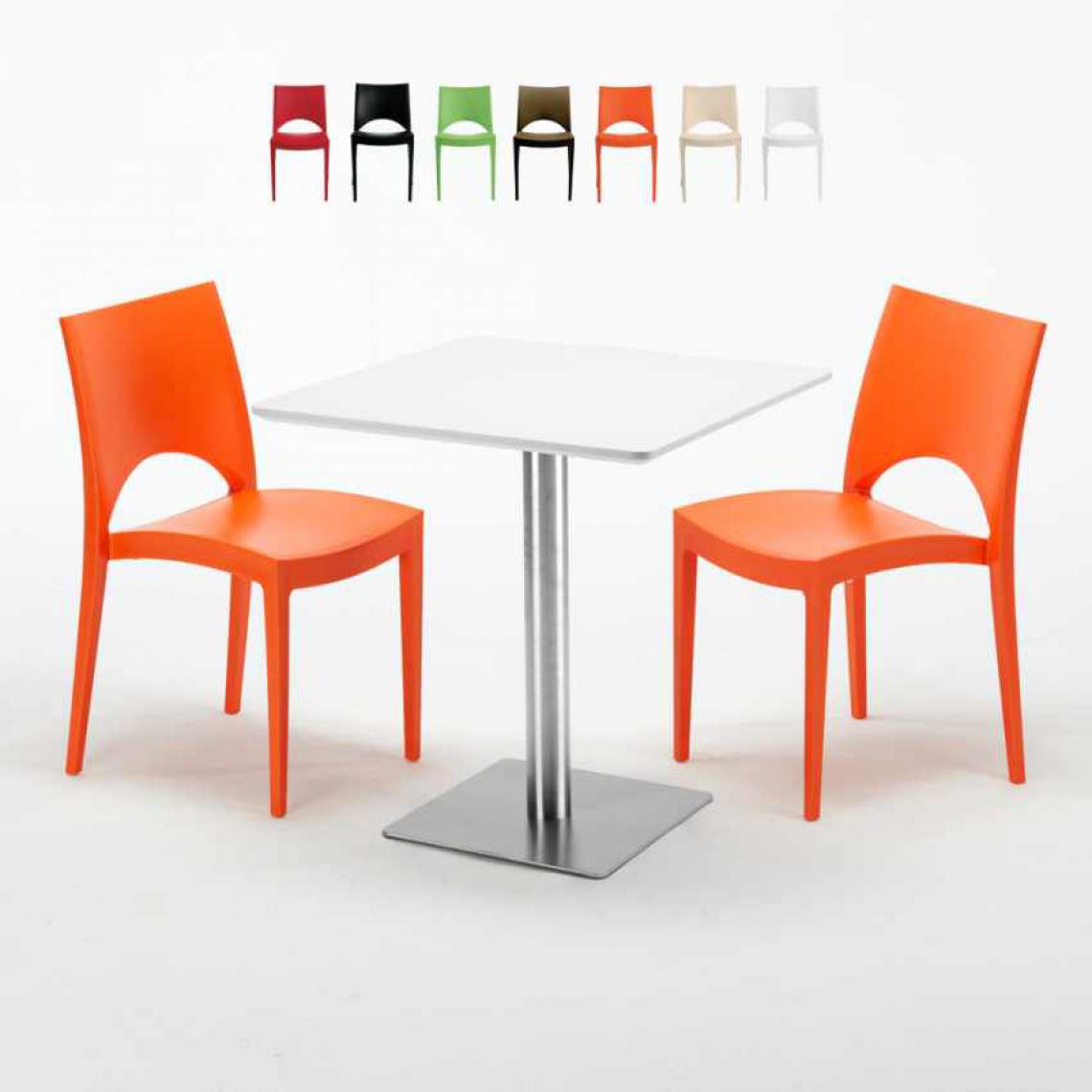 Grand Soleil - Table carrée blanche 70x70 avec pied en acier et 2 chaises colorées Paris Strawberry, Couleur: Orange - Tables à manger