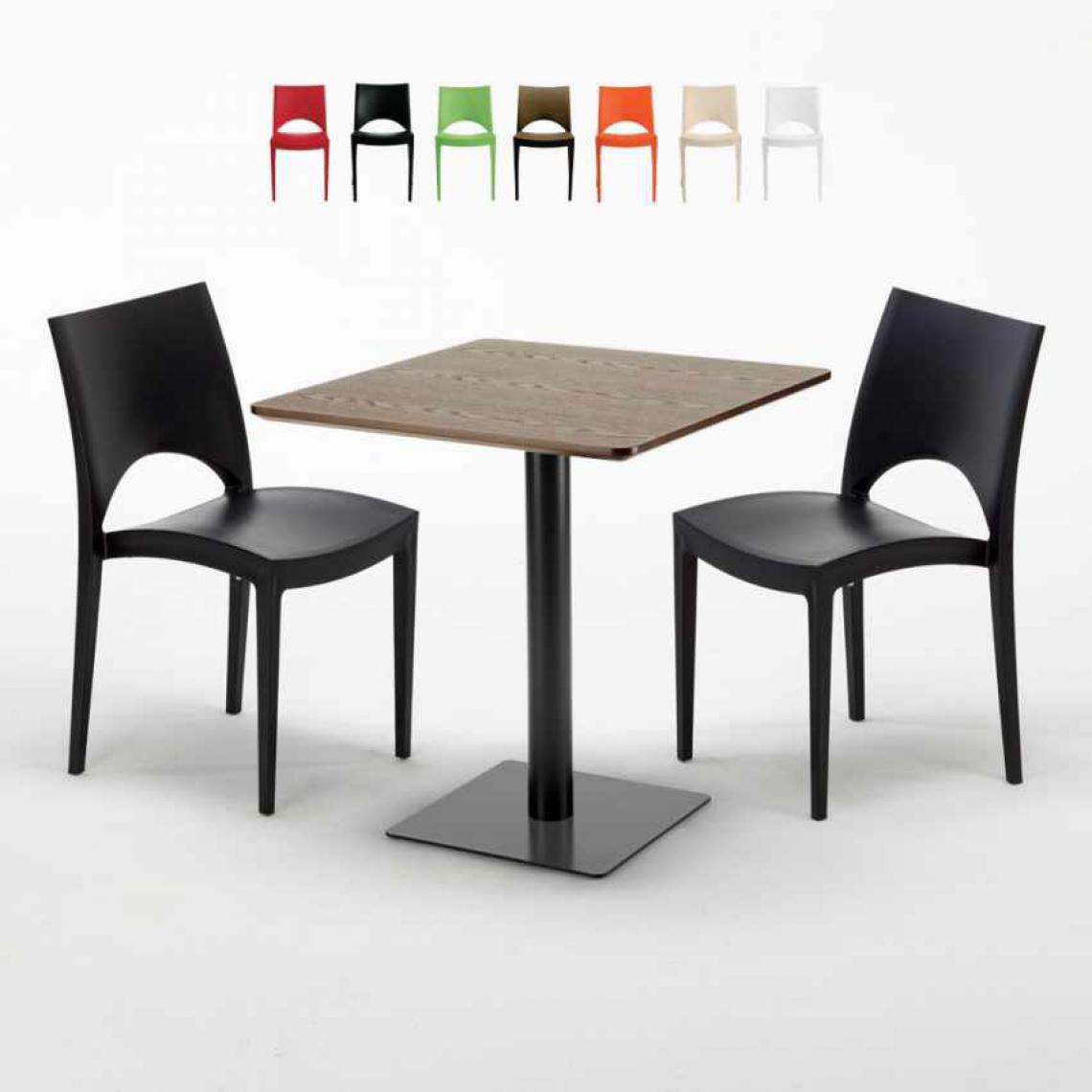 Grand Soleil - Table carrée 70x70 plateau effet bois avec 2 chaises colorées Paris Melon, Couleur: Noir - Tables à manger
