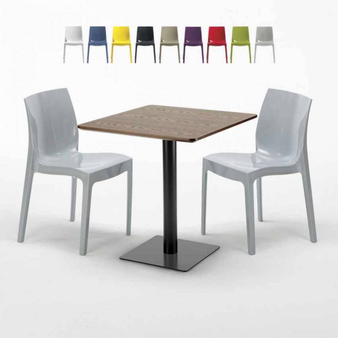Grand Soleil - Table carrée 60x60 pied noir et plateau bois avec 2 chaises colorées Ice Kiss, Couleur: Gris - Tables à manger