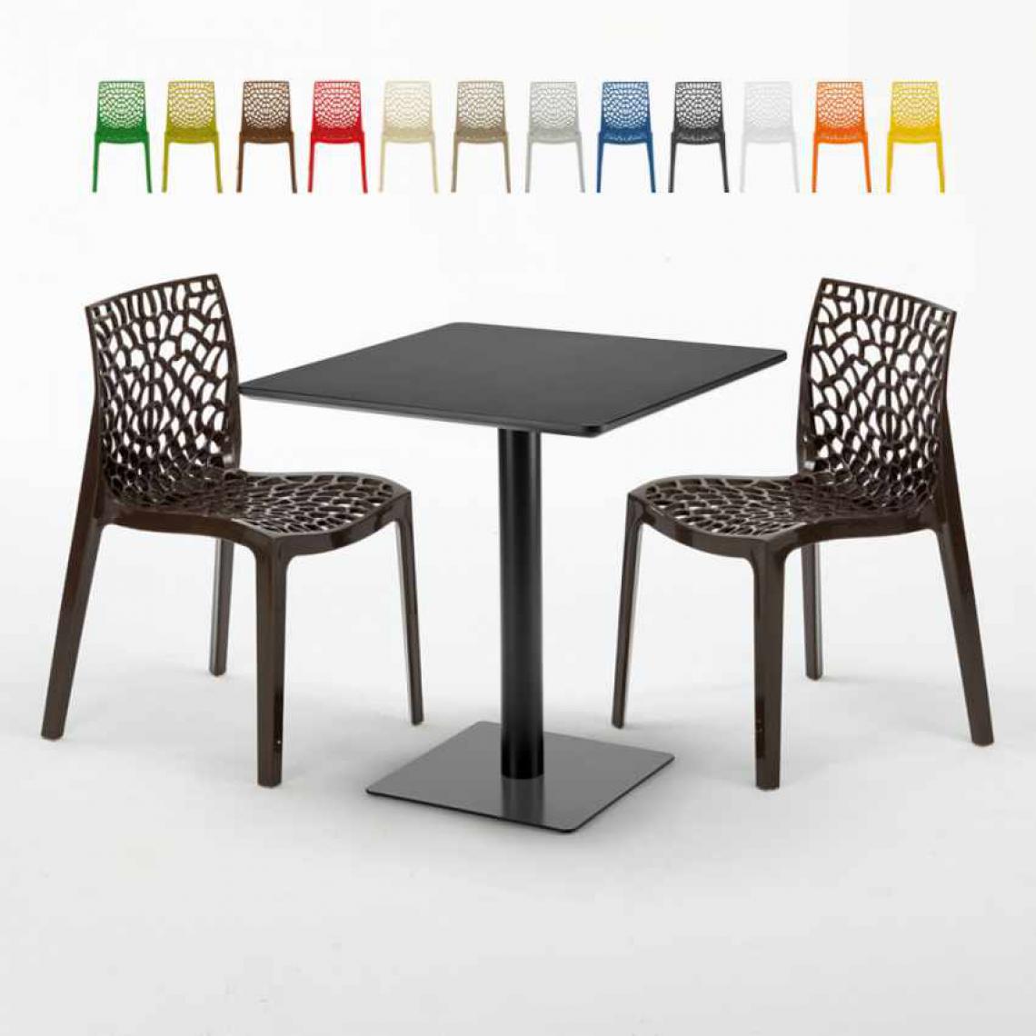 Grand Soleil - Table carrée noire 70x70 avec 2 chaises colorées Gruvyer Kiwi, Couleur: Marron - Tables à manger