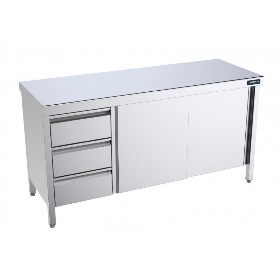 DISTFORM - Table Inox centrale avec portes coulissantes et tiroirs à gauche - Gamme 600 - Distform - Acier inoxydable2200x600 - Tables à manger