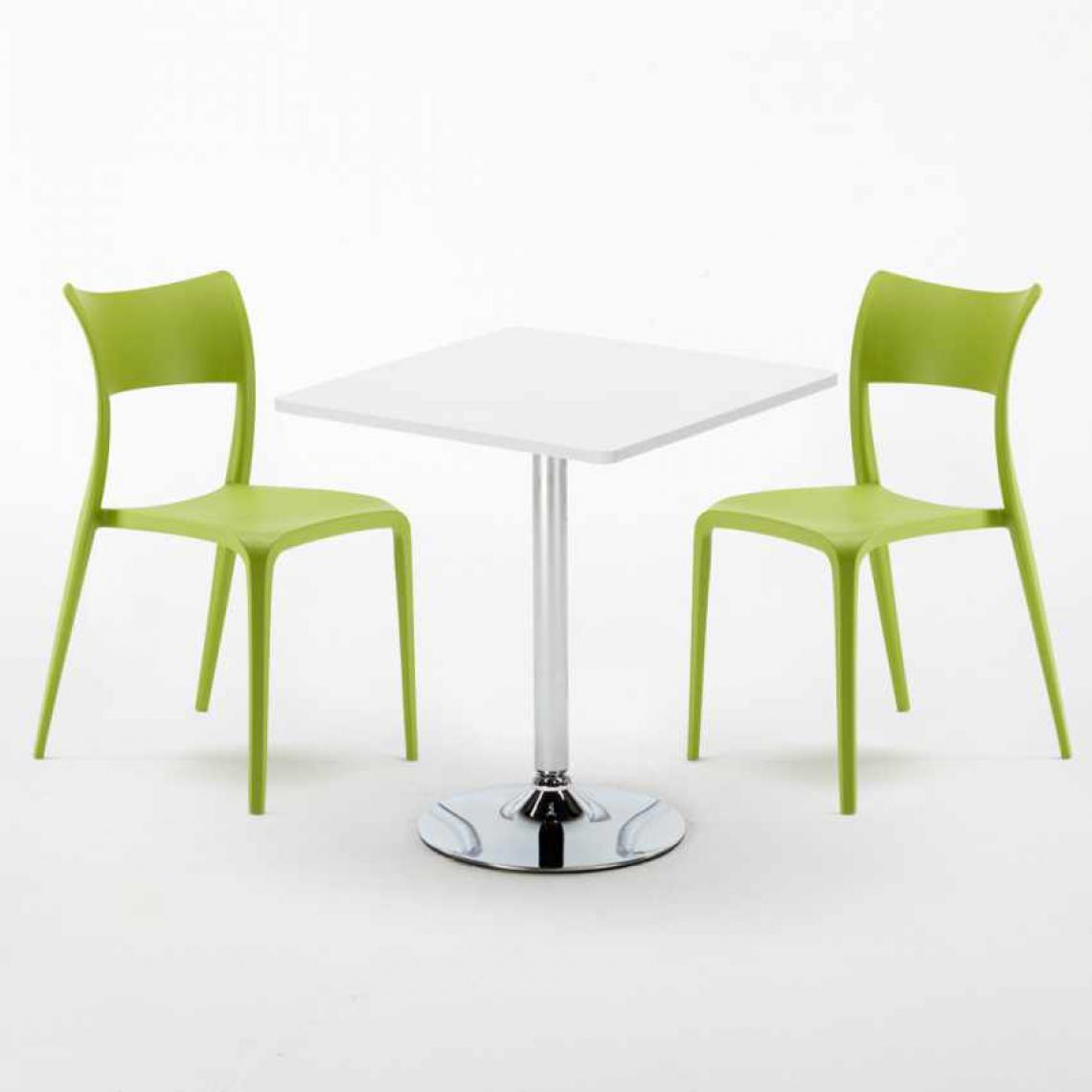 Ahd Amazing Home Design - Table Carrée Blanche 70x70cm Avec 2 Chaises Colorées Set Intérieur Bar Café Parisienne Cocktail, Couleur: Vert - Tables à manger