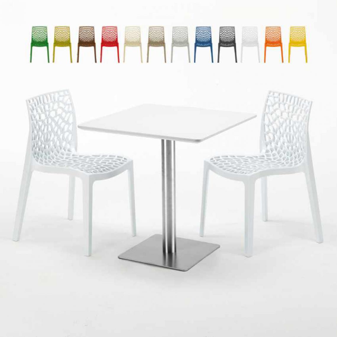 Grand Soleil - Table carrée blanche 70x70 avec pied en acier et 2 chaises colorées Gruvyer STRAWBERRY, Couleur: Blanc - Tables à manger