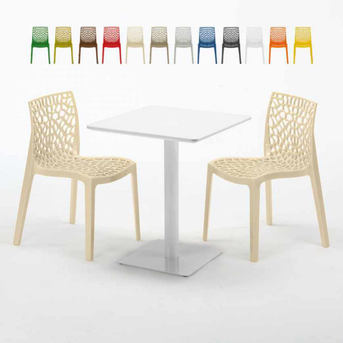 Grand Soleil - Table carrée 60x60 blanche avec 2 chaises colorées Gruvyer Lemon, Couleur: Beige - Tables à manger