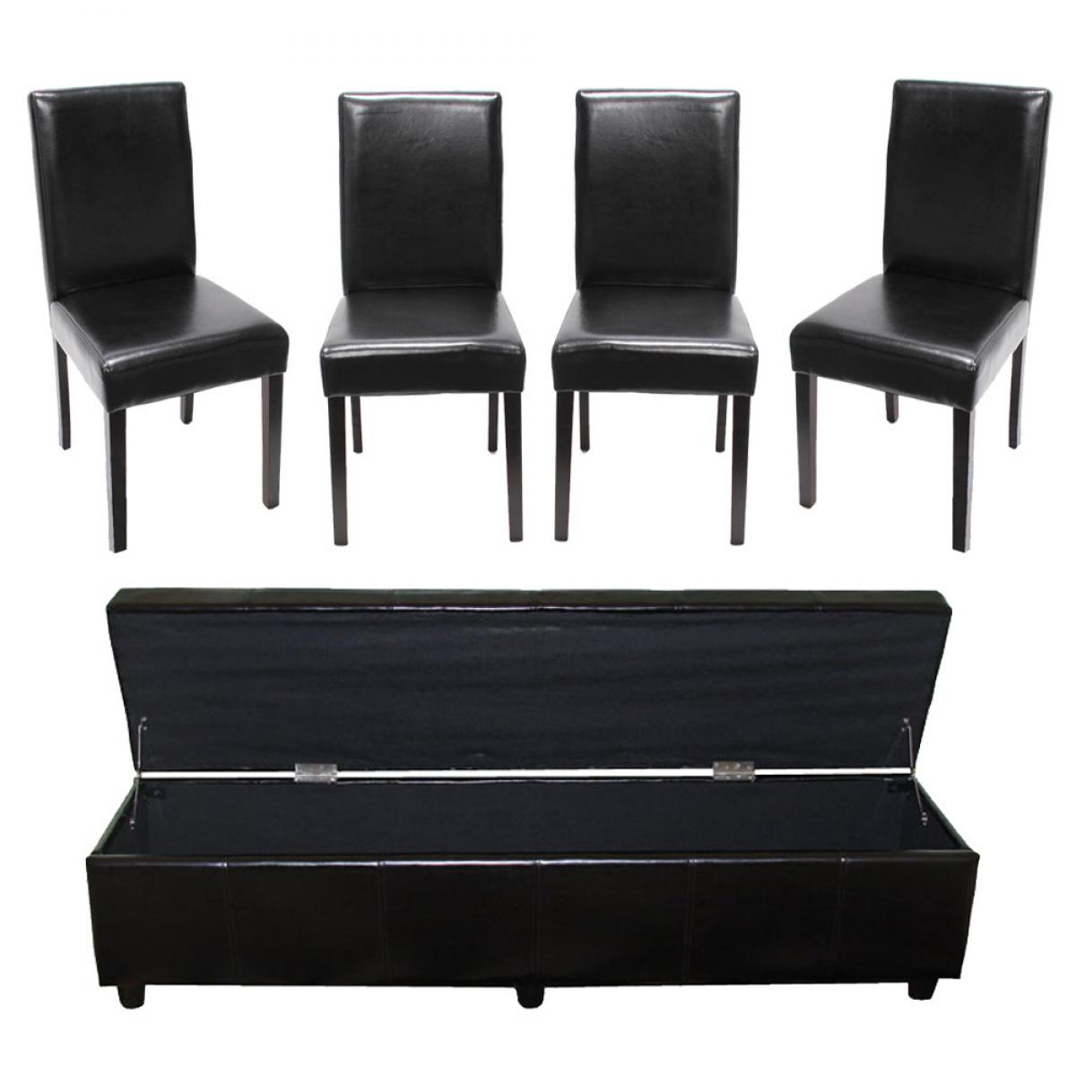 Mendler - Ensemble banc Kriens XXL + 4 chaises Littau, cuir reconstitué, noir - Chaises