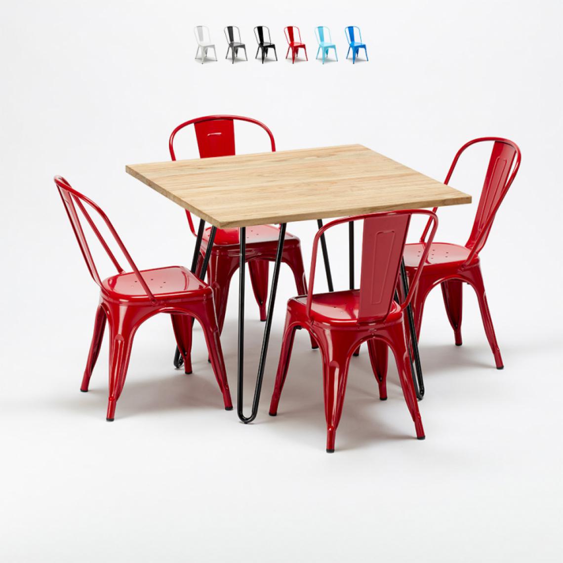 Ahd Amazing Home Design - Table et chaises carrées en métal et en bois au style industriel Tolix Tribeca, Couleur: Rouge - Tables à manger