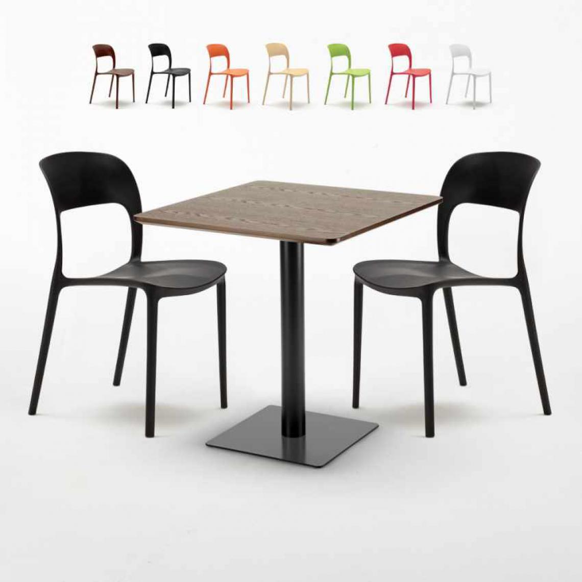 Ahd Amazing Home Design - Table carrée 60x60 pied noir et plateau bois avec 2 chaises colorées Restaurant Kiss, Couleur: Noir - Tables à manger