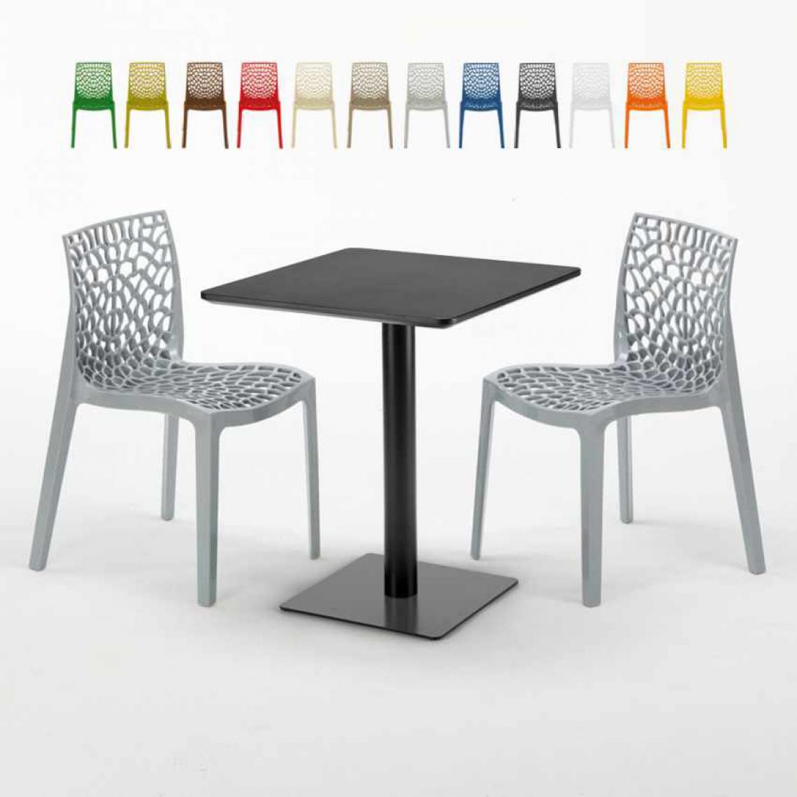 Grand Soleil - Table carrée 60x60 noire avec 2 chaises colorées Gruvyer Licorice, Couleur: Gris - Tables à manger