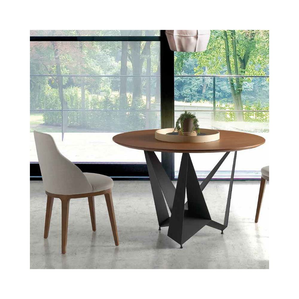 Nouvomeuble - Table ronde contemporaine couleur noyer et métal ATLAS - Tables à manger