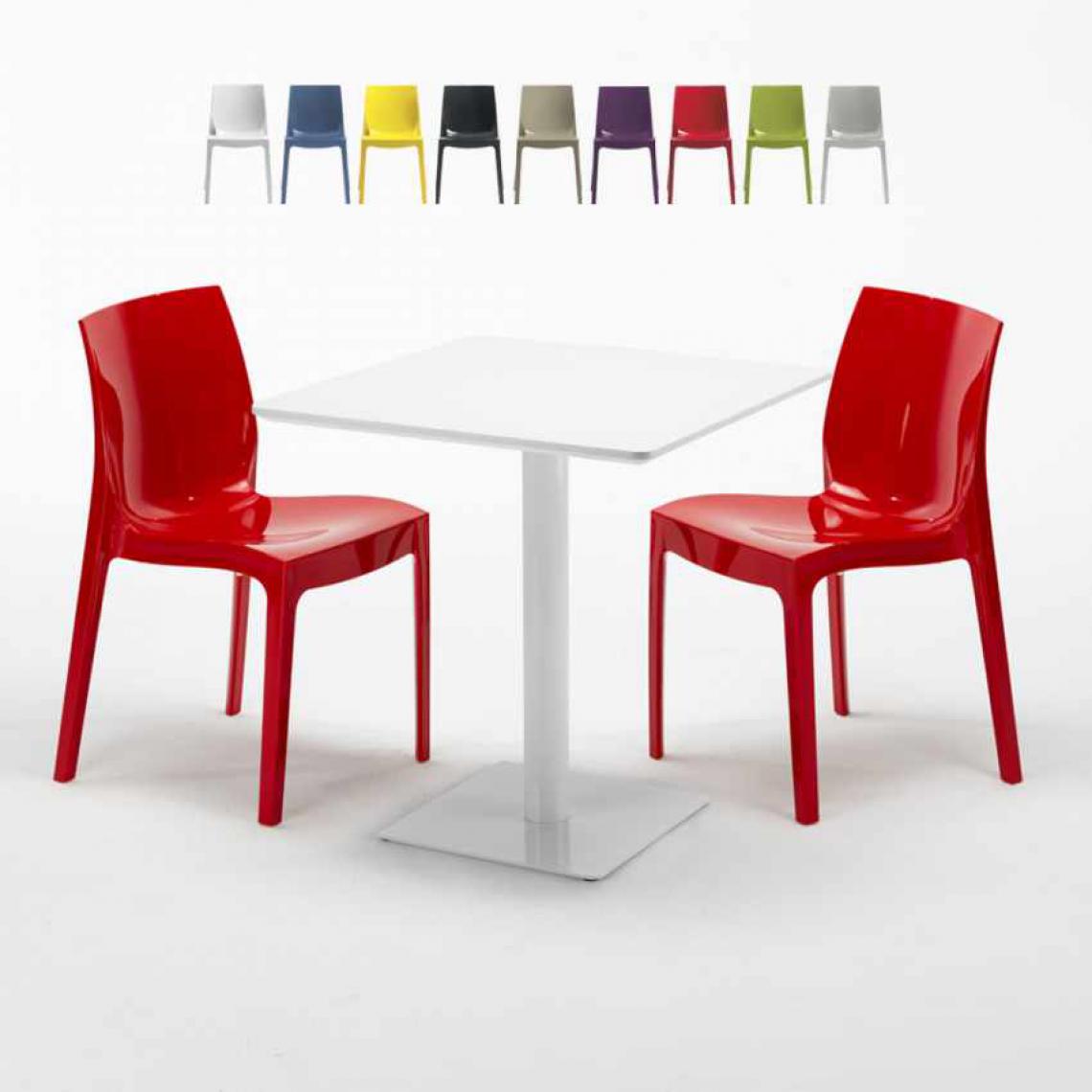 Grand Soleil - Table carrée 70x70 blanche avec 2 chaises colorées Ice Meringue, Couleur: Rouge - Tables à manger