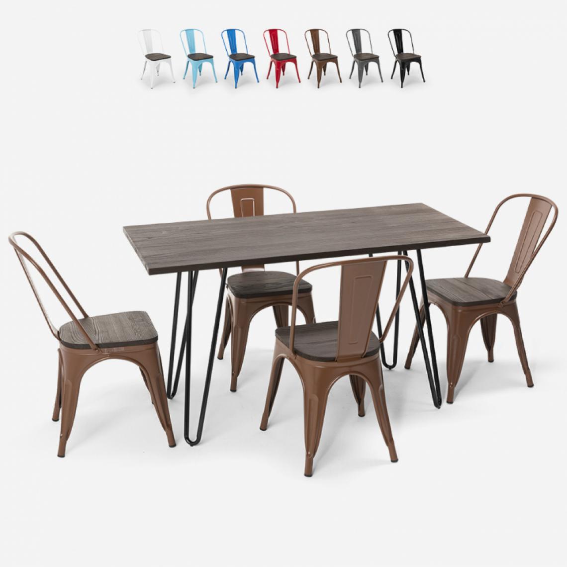 Ahd Amazing Home Design - Set de table rectangulaire 120 x 60 avec 4 chaises en acier de style industriel Tolix et bois Roger, Couleur: Marron - Tables à manger
