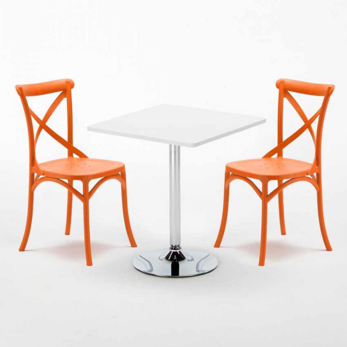 Ahd Amazing Home Design - Table Carrée Blanche 70x70cm Avec 2 Chaises Colorées Set Intérieur Bar Café Vintage Cocktail, Couleur: Orange - Tables à manger