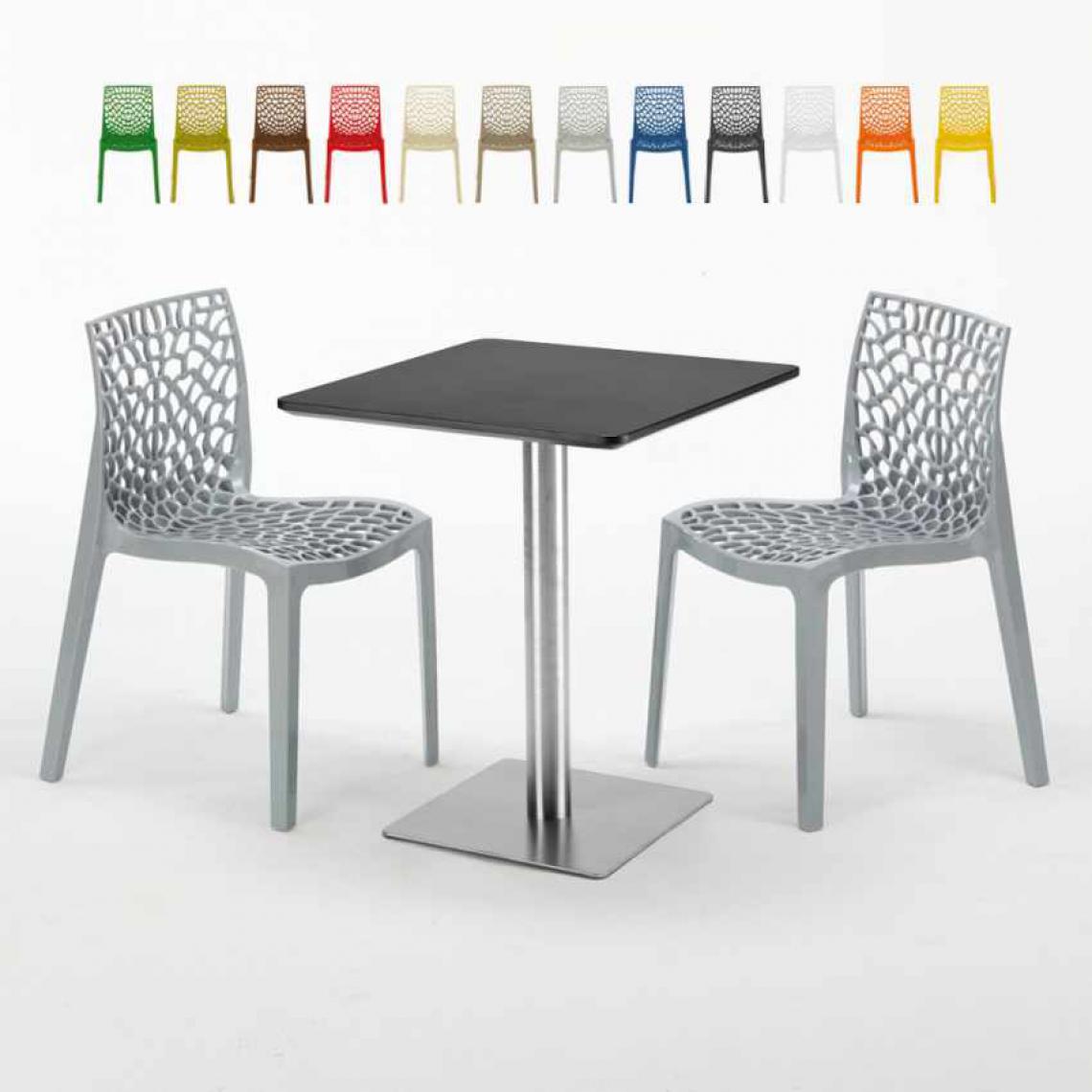 Grand Soleil - Table carrée 60x60 pied acier et plateau noir avec 2 chaises colorées Gruvyer Pistachio, Couleur: Gris - Tables à manger