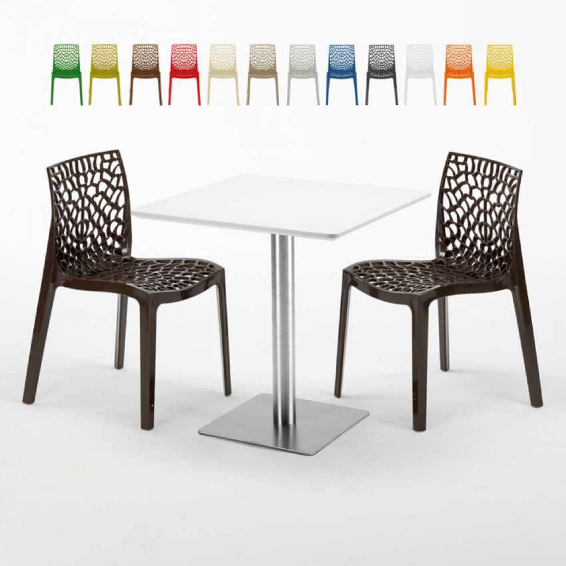 Grand Soleil - Table carrée blanche 70x70 avec pied en acier et 2 chaises colorées Gruvyer STRAWBERRY, Couleur: Marron - Tables à manger