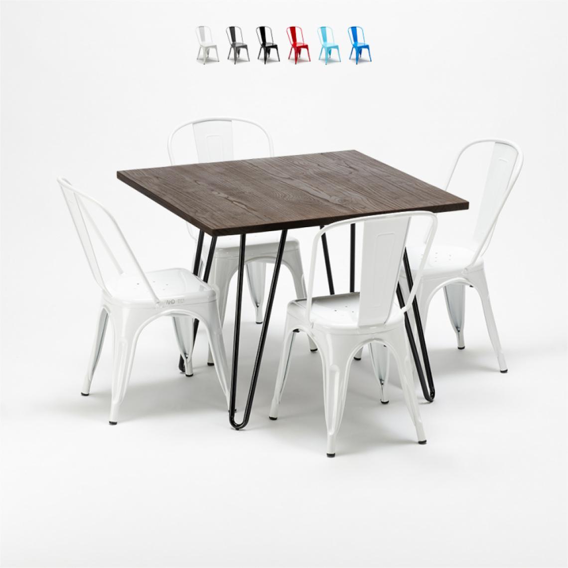 Ahd Amazing Home Design - Set de table carrée en bois et chaises en métal au design Tolix industriel Bay Ridge, Couleur: Blanc - Tables à manger