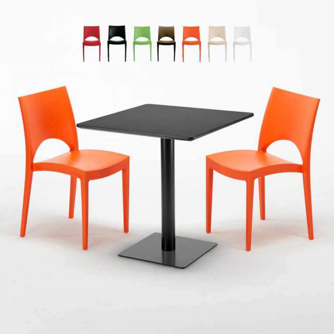 Grand Soleil - Table carrée noire 70x70 avec 2 chaises colorées Paris Kiwi, Couleur: Orange - Tables à manger