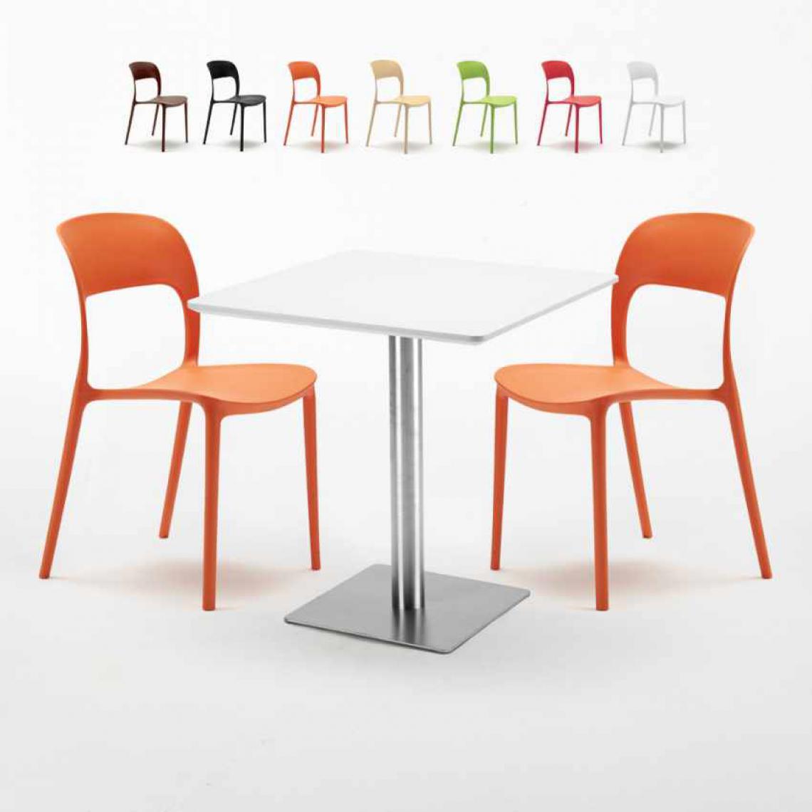 Ahd Amazing Home Design - Table carrée blanche 70x70 avec pied en acier et 2 chaises colorées Restaurant Strawberry, Couleur: Orange - Tables à manger