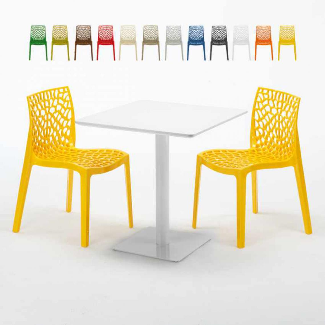 Grand Soleil - Table carrée 70x70 blanche avec 2 chaises colorées Gruvyer Meringue, Couleur: Jaune - Tables à manger