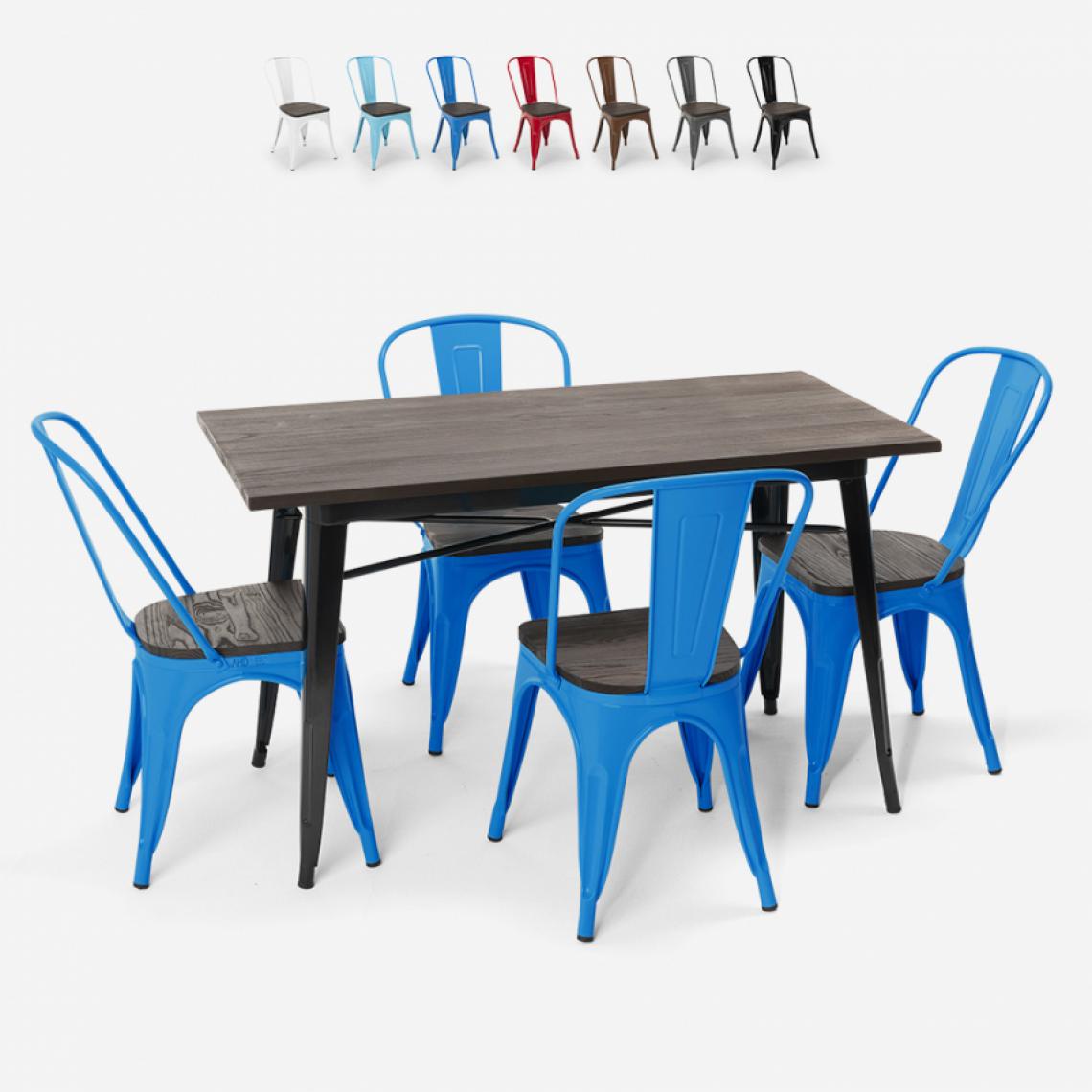 Ahd Amazing Home Design - Set de table rectangulaire 120 x 60 avec 4 chaises en acier de style industriel Tolix et bois Ralph, Couleur: Bleu - Tables à manger