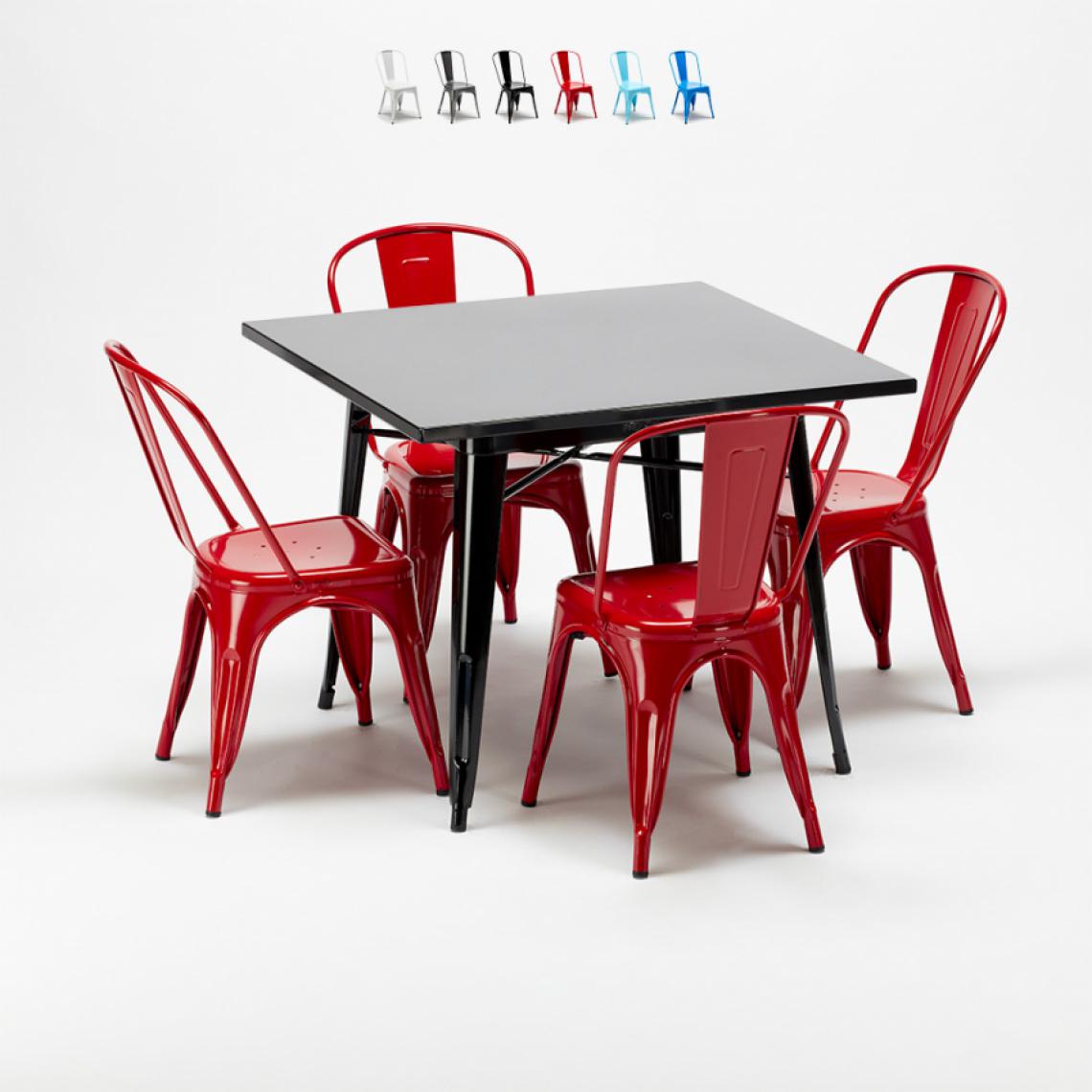 Ahd Amazing Home Design - Ensemble table et chaises carrées en métal Tolix style industriel Soho, Couleur: Rouge - Tables à manger