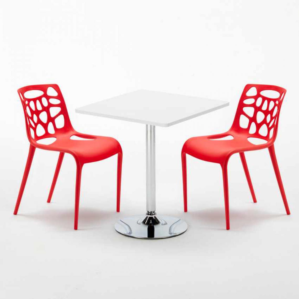 Ahd Amazing Home Design - Table Carrée Blanche 70x70cm Avec 2 Chaises Colorées Set Intérieur Bar Café Gelateria Cocktail, Couleur: Rouge - Tables à manger