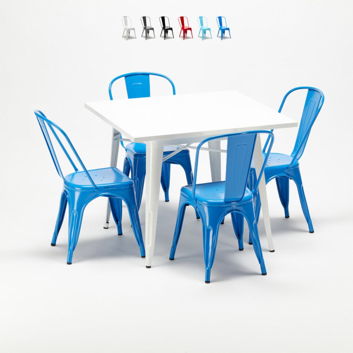 Ahd Amazing Home Design - Ensemble de table carrée et chaises en métal style Tolix au design industriel Harlem, Couleur: Bleu - Tables à manger