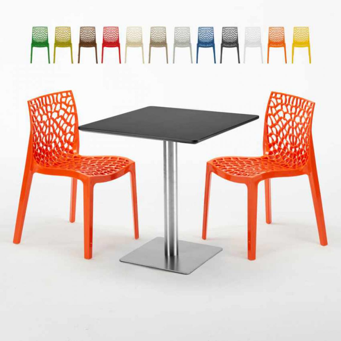 Grand Soleil - Table carrée noire 70x70 avec 2 chaises colorées Gruvyer Rum Raisin, Couleur: Orange - Tables à manger