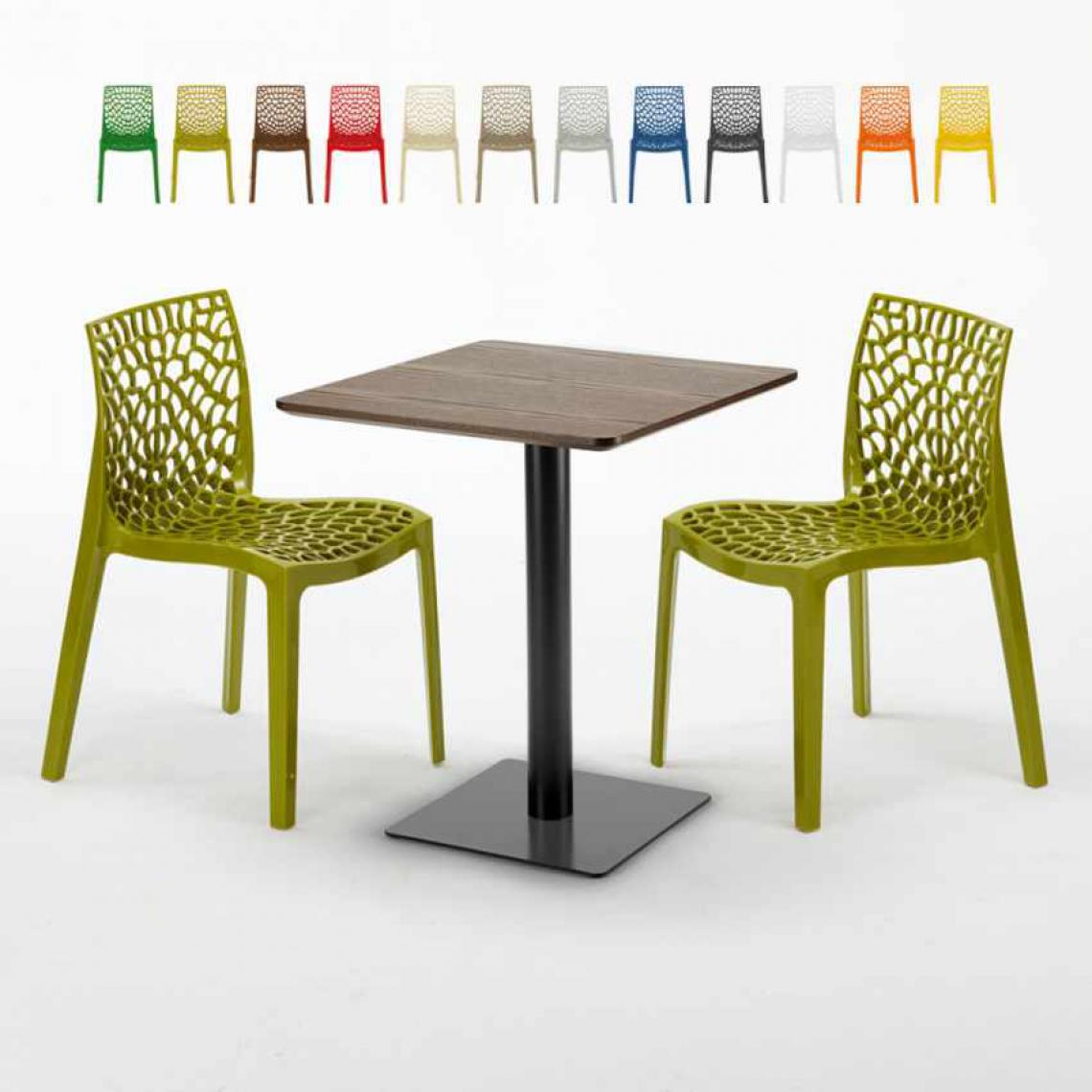 Grand Soleil - Table carrée 60x60 pied noir et surface bois avec 2 chaises colorées Gruvyer Kiss, Couleur: Anis vert - Tables à manger