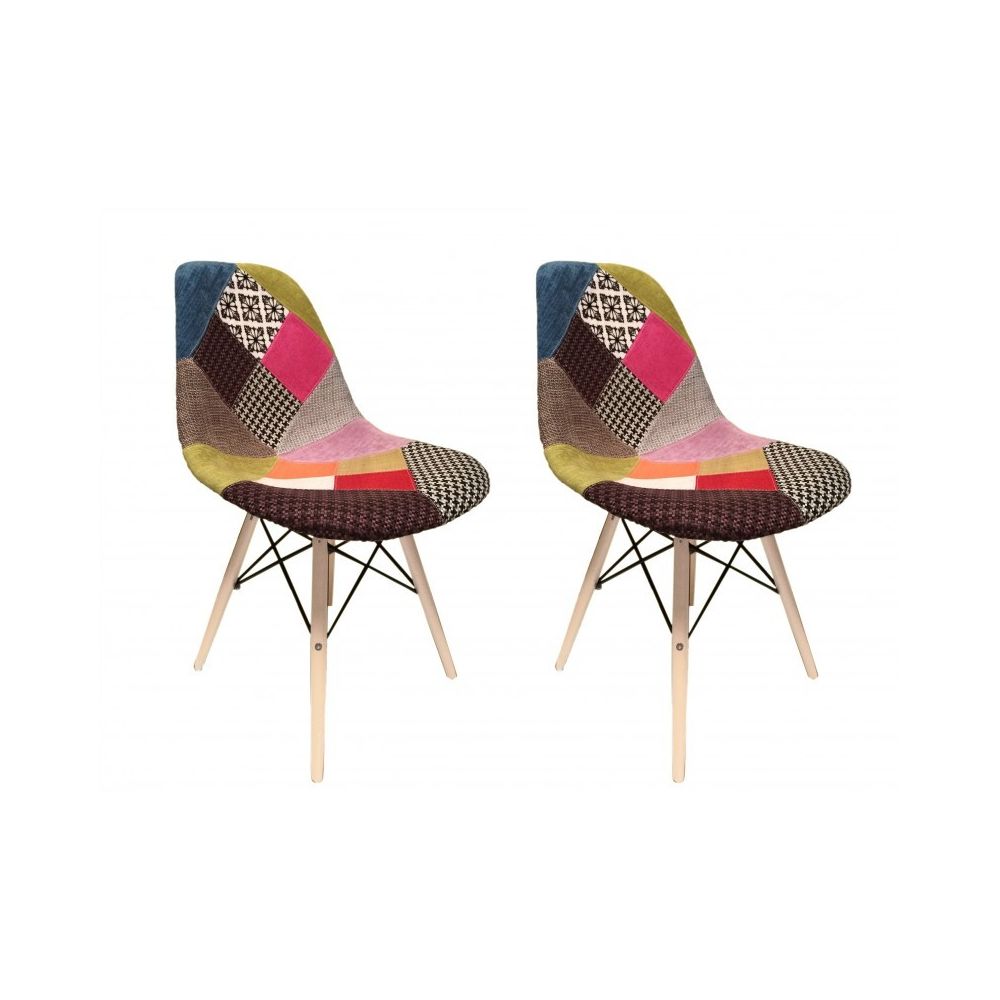 Meubletmoi - Lot 2 chaises Patchwork en tissu et bois de hêtre - RETRO - Chaises