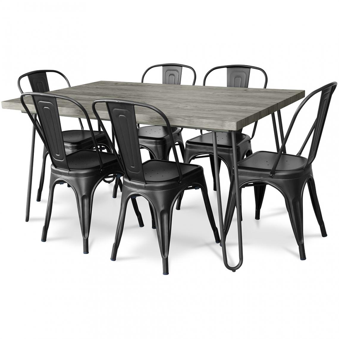 Iconik Interior - Table à manger Hairpin gris 150x90 + 6 Chaise Style Tolix - Tables à manger