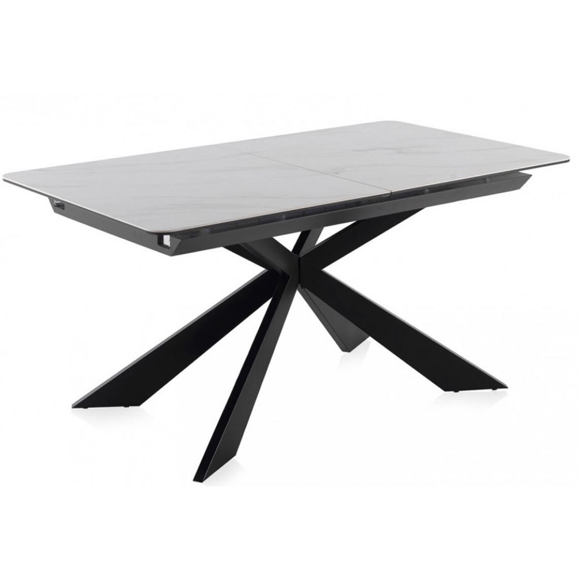 Pegane - Table extensible en céramique à effet de marbre blanc et pieds en métal noir - Longueur 160/210 x Profondeur 90 x Hauteur 76 cm - Tables à manger