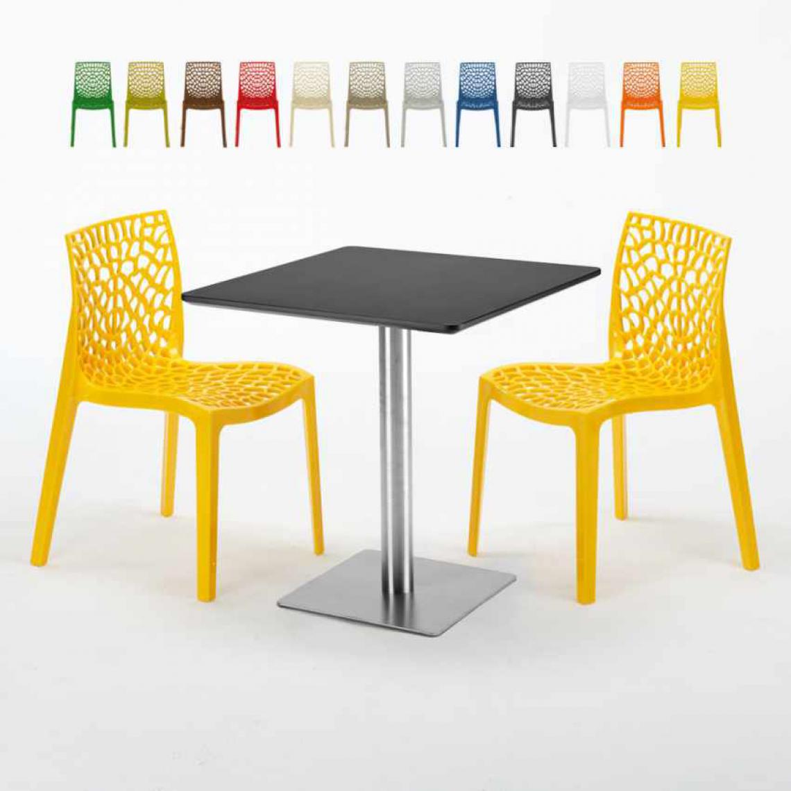 Grand Soleil - Table carrée noire 70x70 avec 2 chaises colorées Gruvyer Rum Raisin, Couleur: Jaune - Tables à manger
