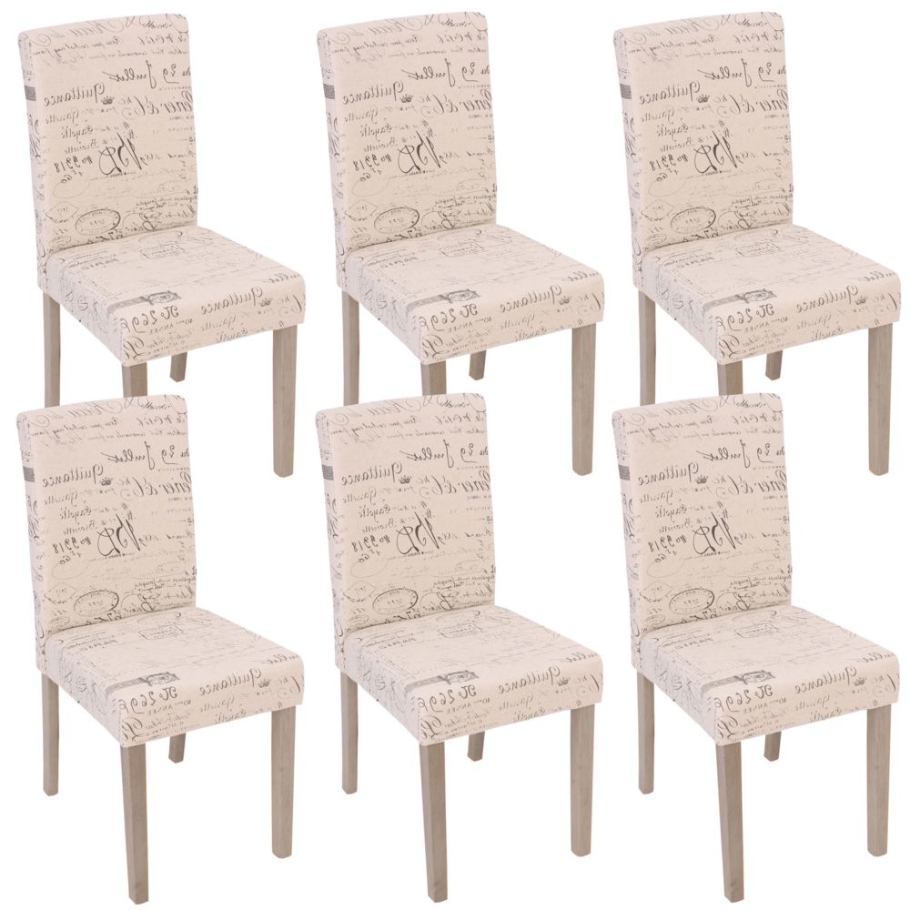 Mendler - 6x chaise de séjour Littau, fauteuil ~ tissu avec écriture, crème, pieds couleur chaîne - Chaises