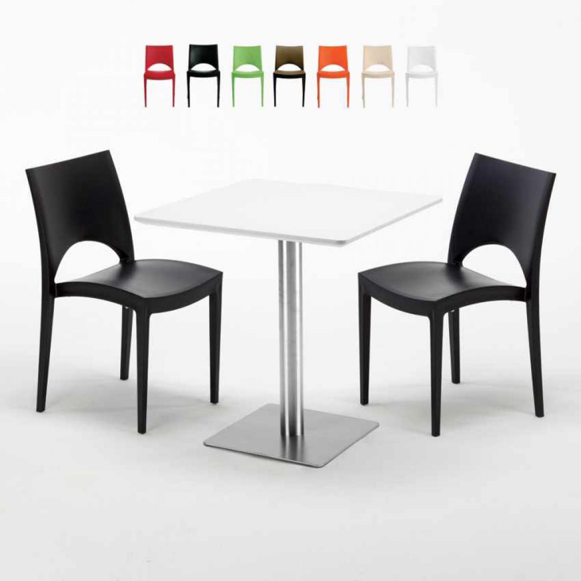 Grand Soleil - Table carrée blanche 70x70 avec pied en acier et 2 chaises colorées Paris Strawberry, Couleur: Noir - Tables à manger