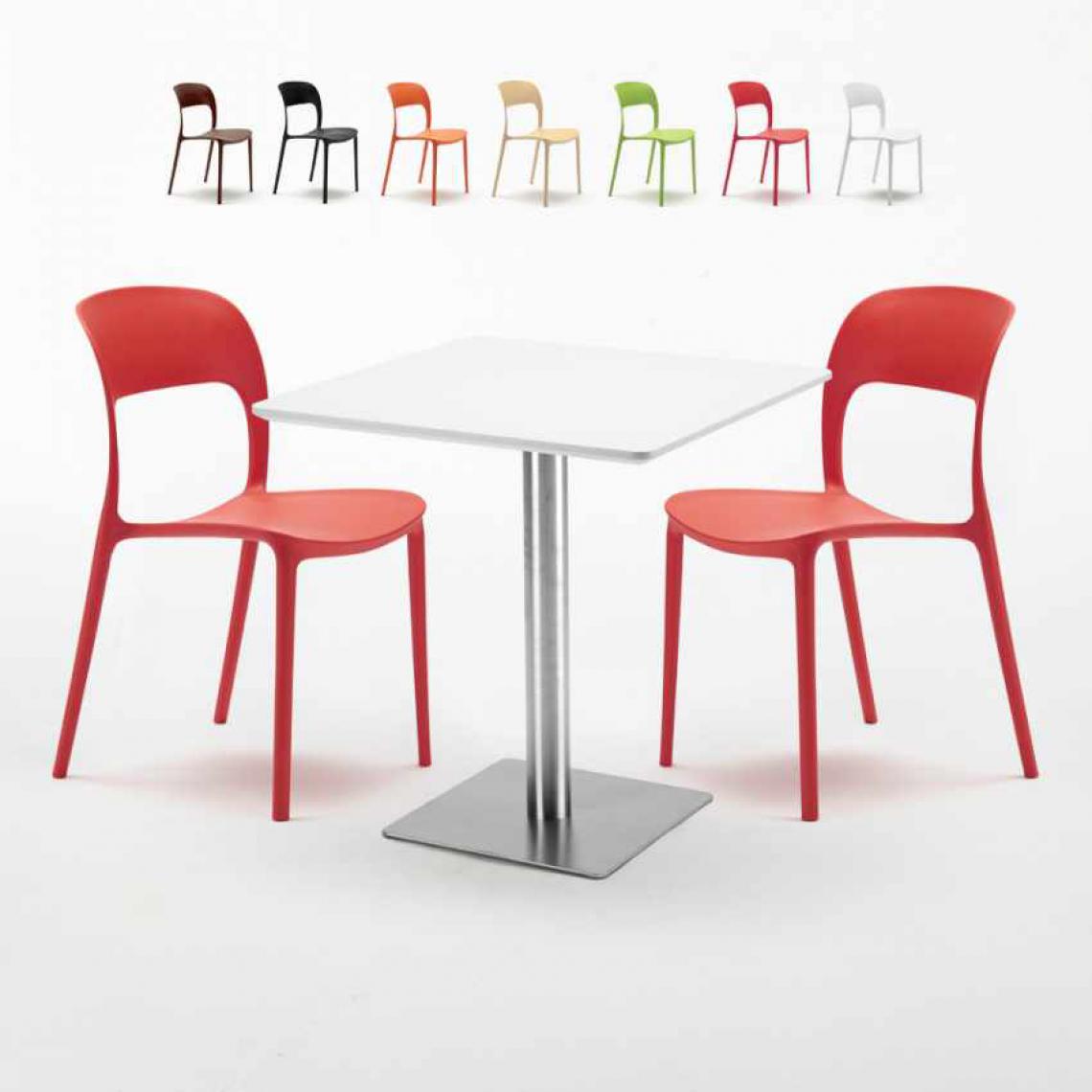 Ahd Amazing Home Design - Table carrée blanche 70x70 avec pied en acier et 2 chaises colorées Restaurant Strawberry, Couleur: Rouge - Tables à manger
