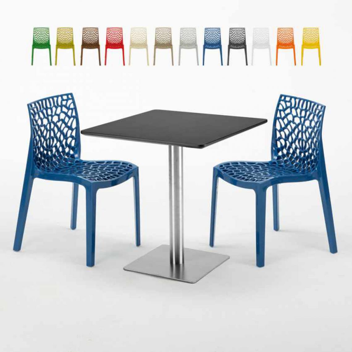 Grand Soleil - Table carrée noire 70x70 avec 2 chaises colorées Gruvyer Rum Raisin, Couleur: Bleu - Tables à manger