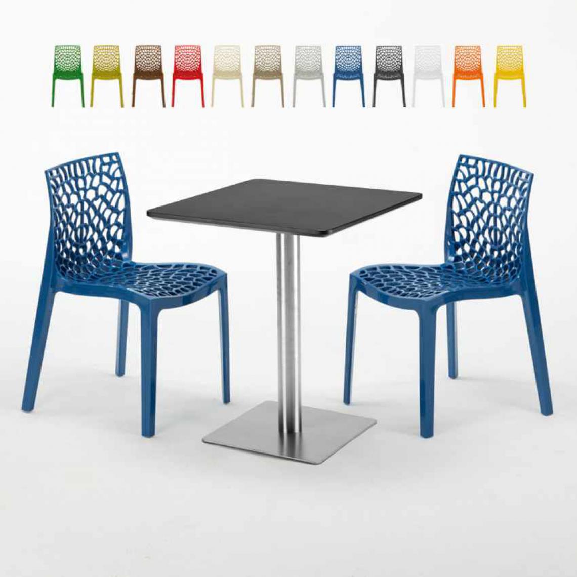 Grand Soleil - Table carrée 60x60 pied acier et plateau noir avec 2 chaises colorées Gruvyer Pistachio, Couleur: Bleu - Tables à manger