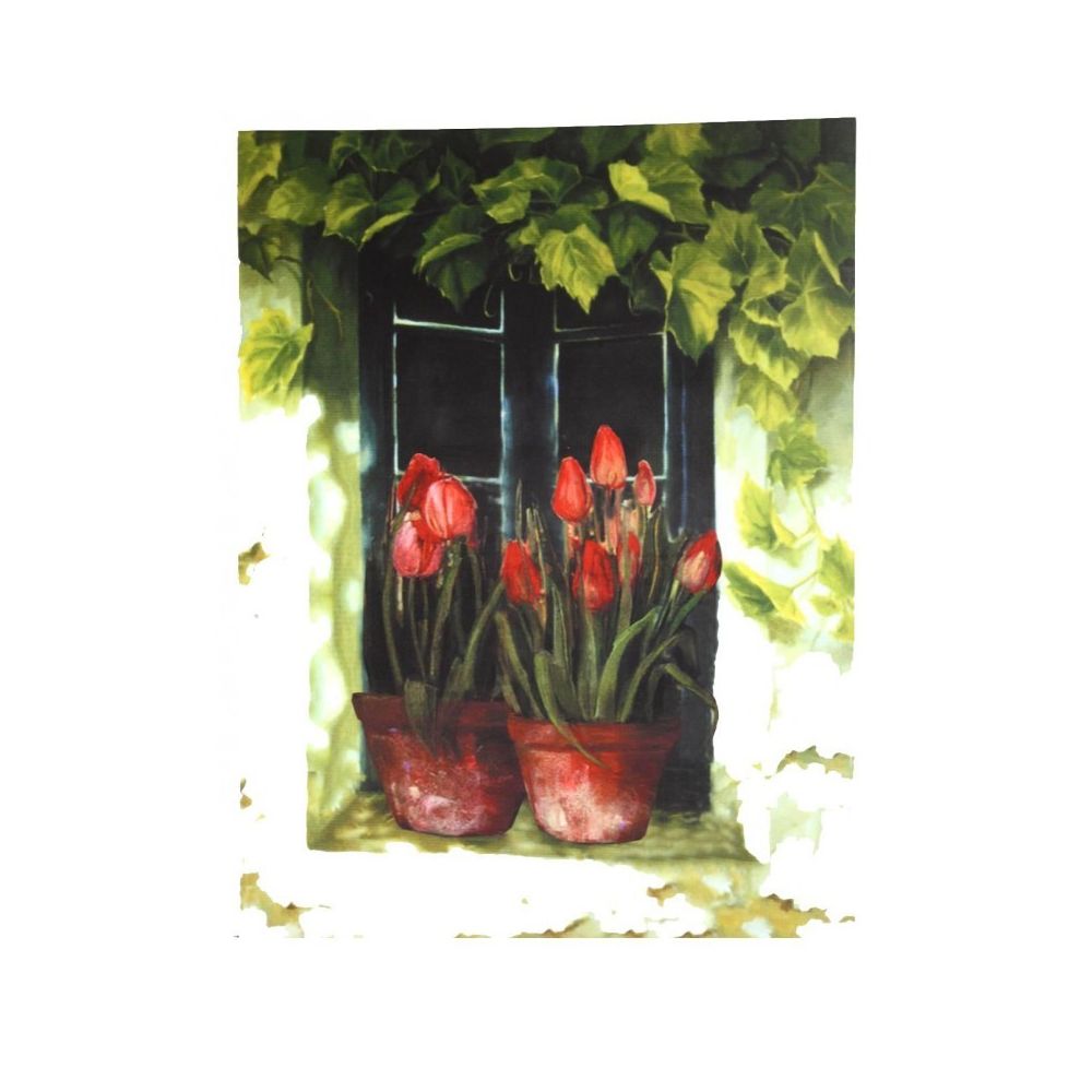 L'Héritier Du Temps - Moyen Tableau Cadre Mural en Bois avec Impression sur Toile Motifs Floral Tulipes en Pot sur Fenêtre 2,50x50x70cm - Tableaux, peintures