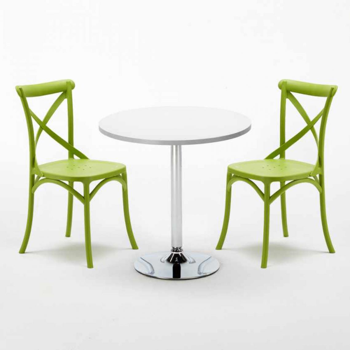 Ahd Amazing Home Design - Table Ronde Blanche 70x70cm Avec 2 Chaises Colorées Set Intérieur Bar Café Vintage LONG Island, Couleur: Vert - Tables à manger