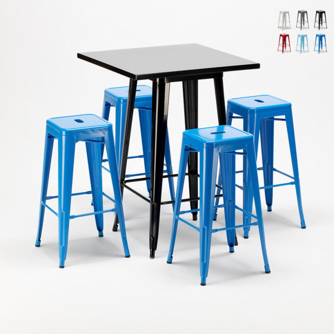 Ahd Amazing Home Design - Table haute et 4 tabourets en métal style Tolix industriel New York bars et pubs, Couleur: Bleu - Tables à manger