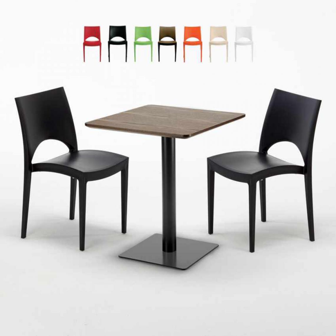 Grand Soleil - Table carrée 60x60 pied noir et plateau bois avec 2 chaises colorées Paris Kiss, Couleur: Noir - Tables à manger
