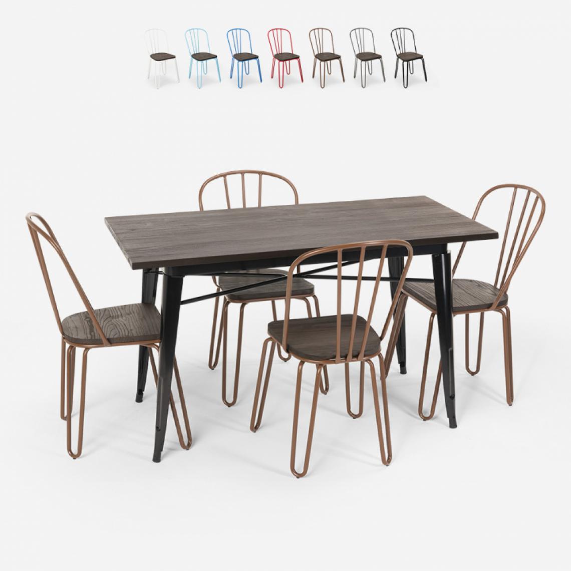 Ahd Amazing Home Design - Set de table rectangulaire 120x60 avec 4 chaises acier bois design industriel Tolix Otis, Couleur: Marron - Tables à manger