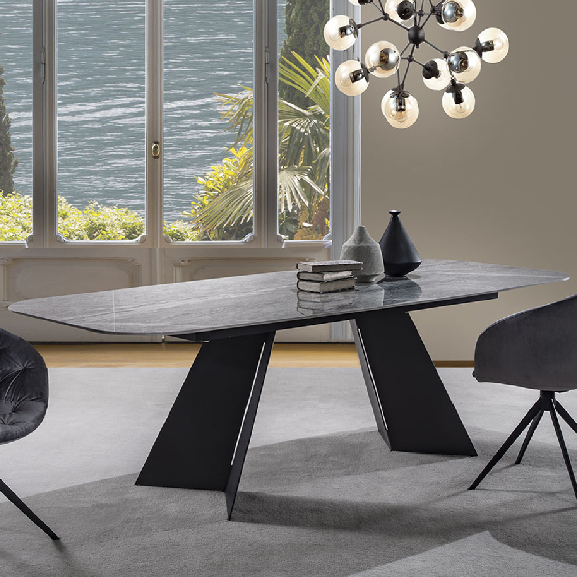 Nouvomeuble - Table 240 cm design en grès effet marbre gris EMPERIA - Tables à manger