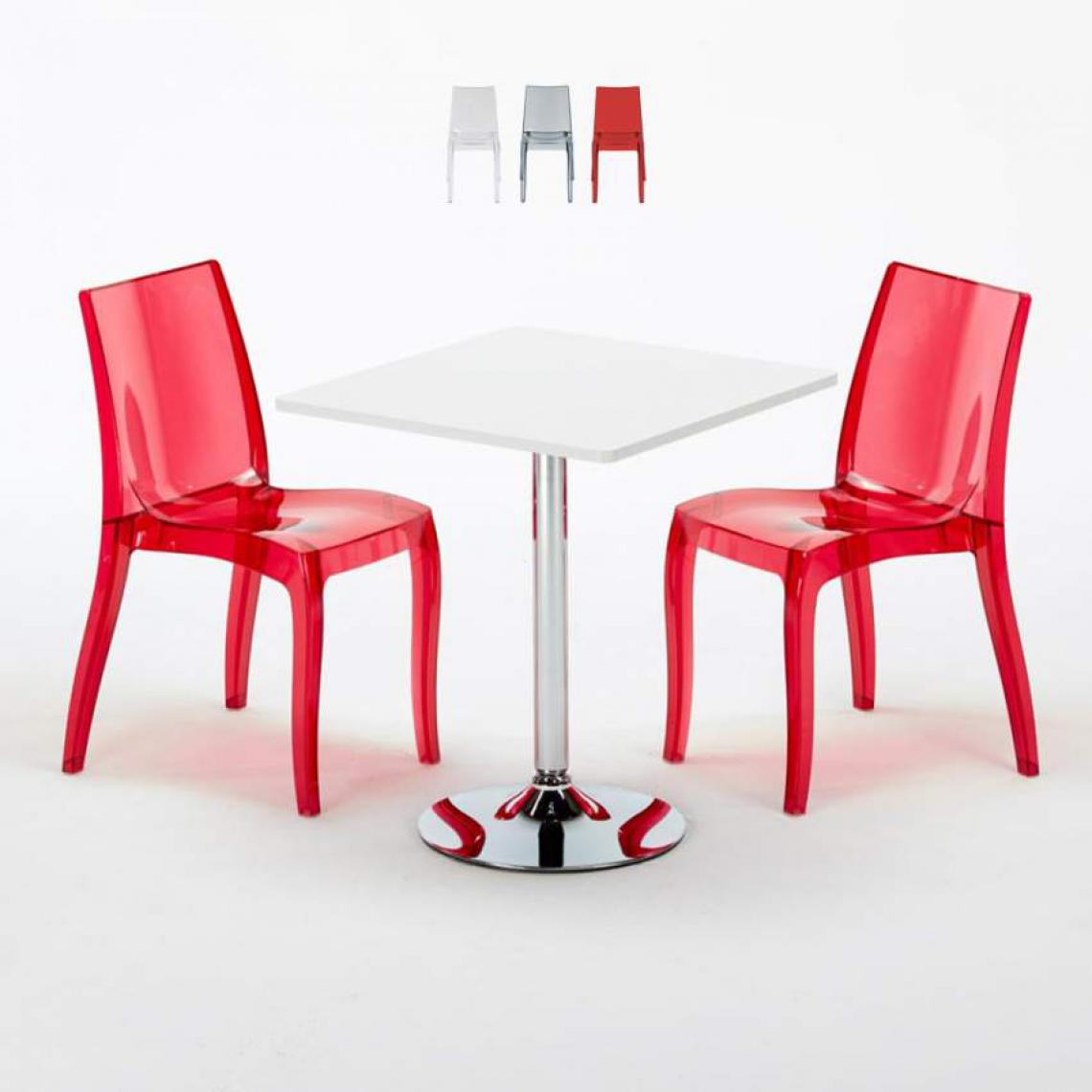 Grand Soleil - Table Carrée Blanche 70x70cm Avec 2 Chaises Colorées Et Transparentes Set Intérieur Bar Café Cristal Light Titanium, Couleur: Rouge transparent - Tables à manger