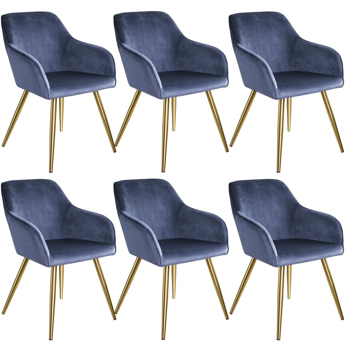 Tectake - 6 Chaises MARILYN Effet Velours Style Scandinave - bleu/or - Chaises