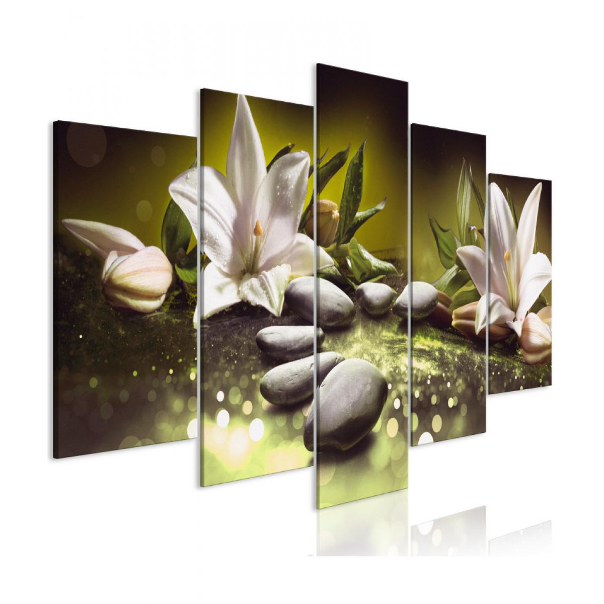Artgeist - Tableau - Lilies and Stones (5 Parts) Wide Green 200x100 - Tableaux, peintures