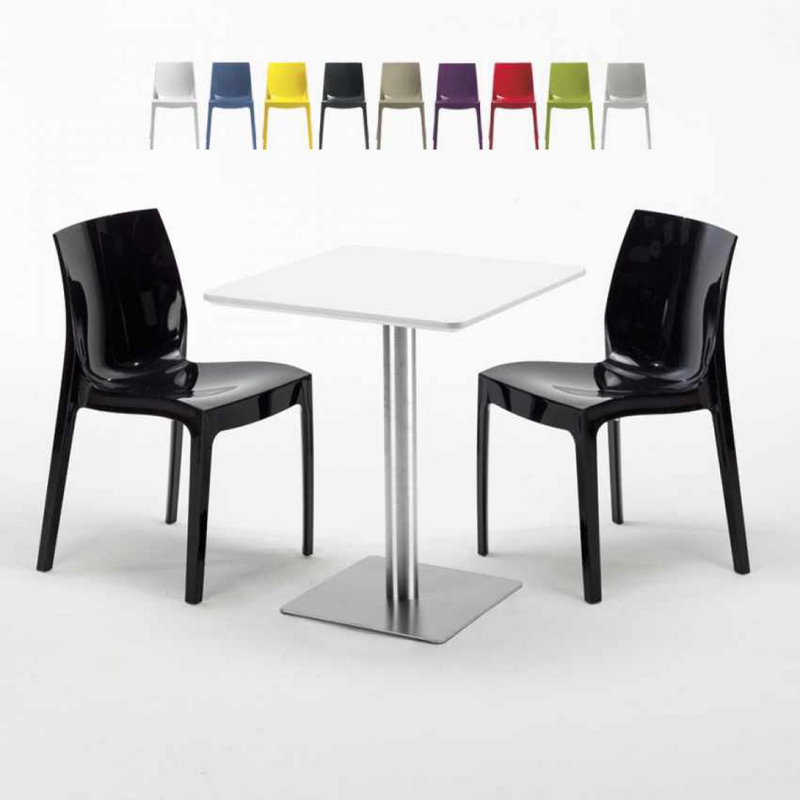Grand Soleil - Table carrée 60x60 plateau blanc avec 2 chaises colorées Ice Hazelnut, Couleur: Noir - Tables à manger