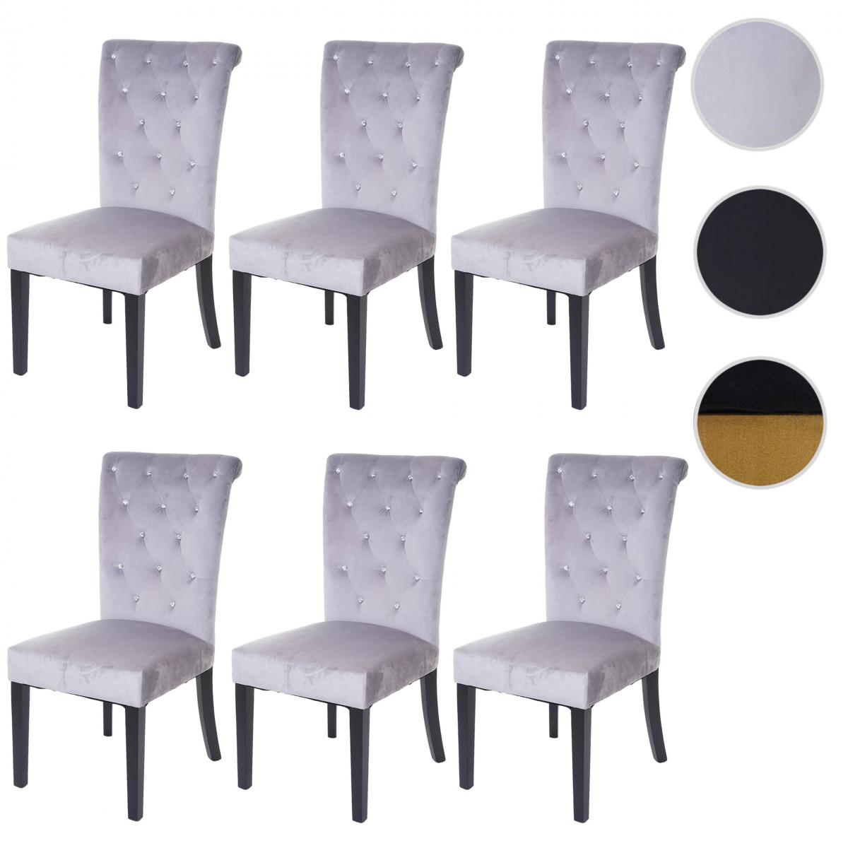 Mendler - 6x chaise de salle à manger HWC-D22, chaise de cuisine, rivets velours ~ gris clair, pieds noirs - Chaises