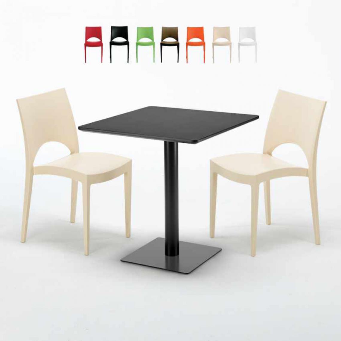 Grand Soleil - Table carrée noire 70x70 avec 2 chaises colorées Paris Kiwi, Couleur: Beige - Tables à manger