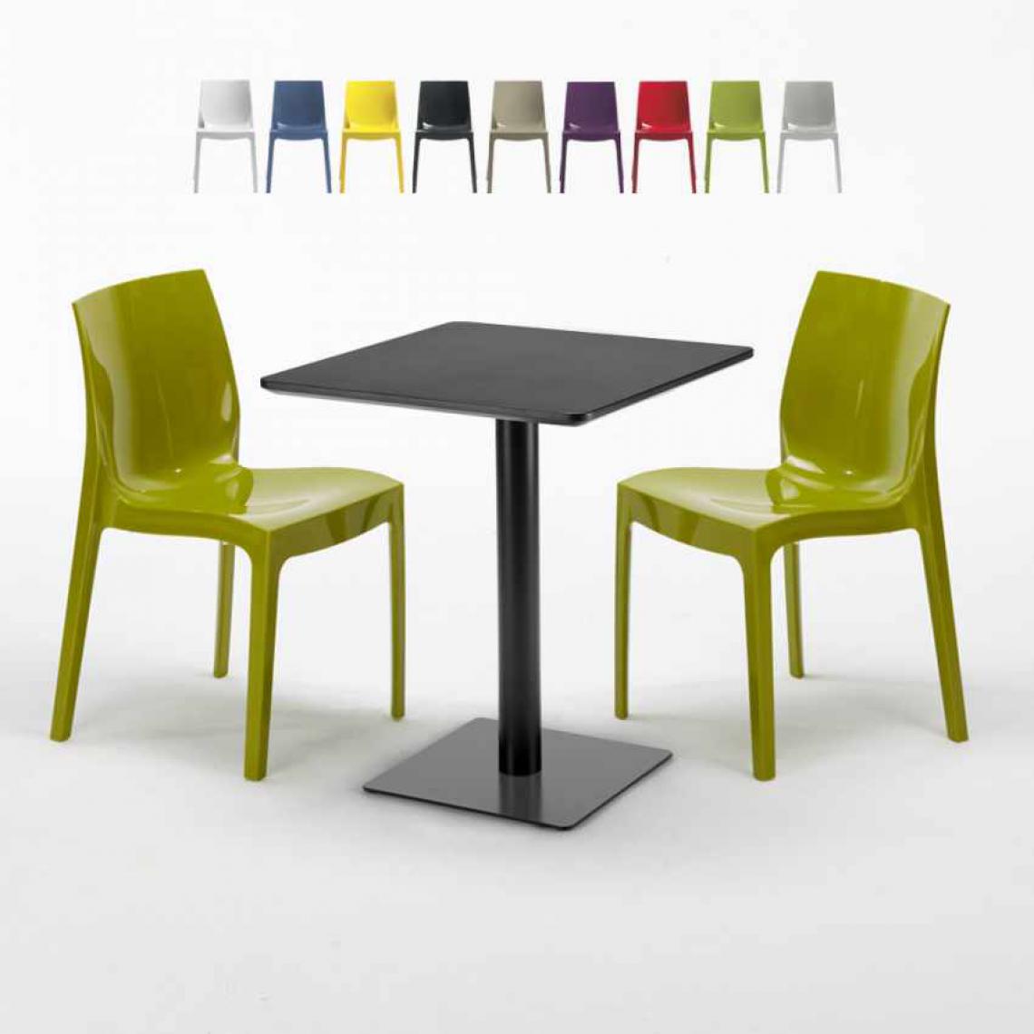 Grand Soleil - Table carrée 60x60 noire avec 2 chaises colorées Ice Licorice, Couleur: Vert foncé - Tables à manger